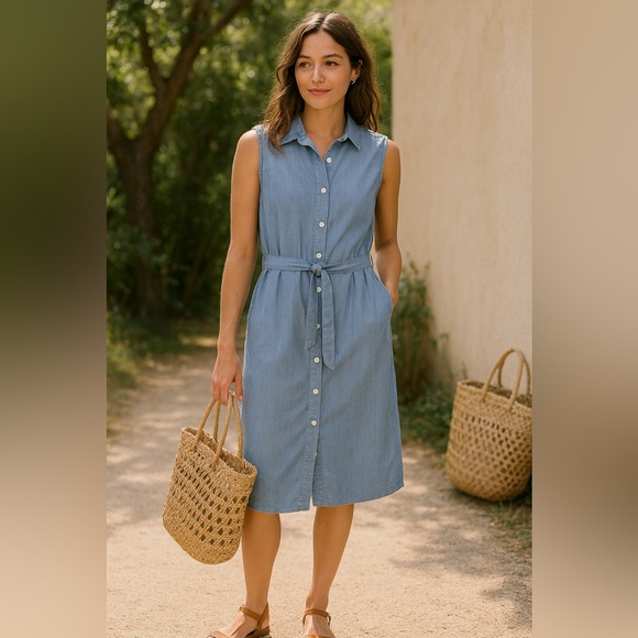 Lands’ End Sleeveless Denim Dress 4 Button Front Belted Casual Fall Staple HSH - Picture 1 of 9